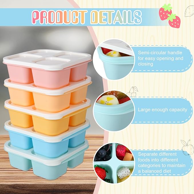 Honeydak 5 Pack Snack Containers 4 Compartment Bento Snack Boxes Reusable Lunchable Containers with Lids Divided Meal Prep Lunch Food Storage Box for School Work Travel(Candy Color,Equal)
