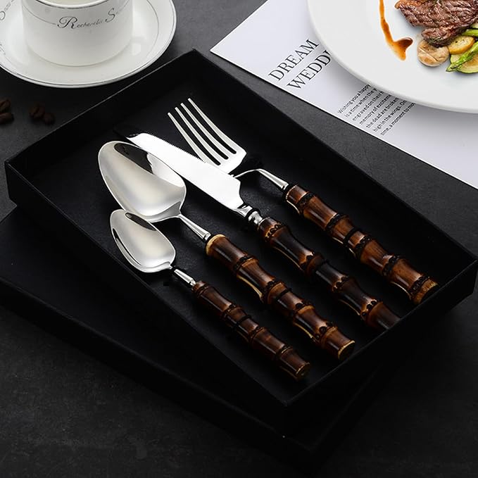 Wood Bamboo Silverware Set for 6 Cutlery Flatware Set Elegant Tableware Stainless Steel Cutlery Utensil Sets for Home Kitchen Restaurant Wooden Handle Dishwasher Safe 24 Pieces