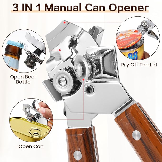 BESTonZON Stainless Steel Manual Can Opener with Grip Handles, Easy Turn Design, Heavy Duty Lid Remover for Seniors, Kitchen and Bar Tool, Smooth Edge