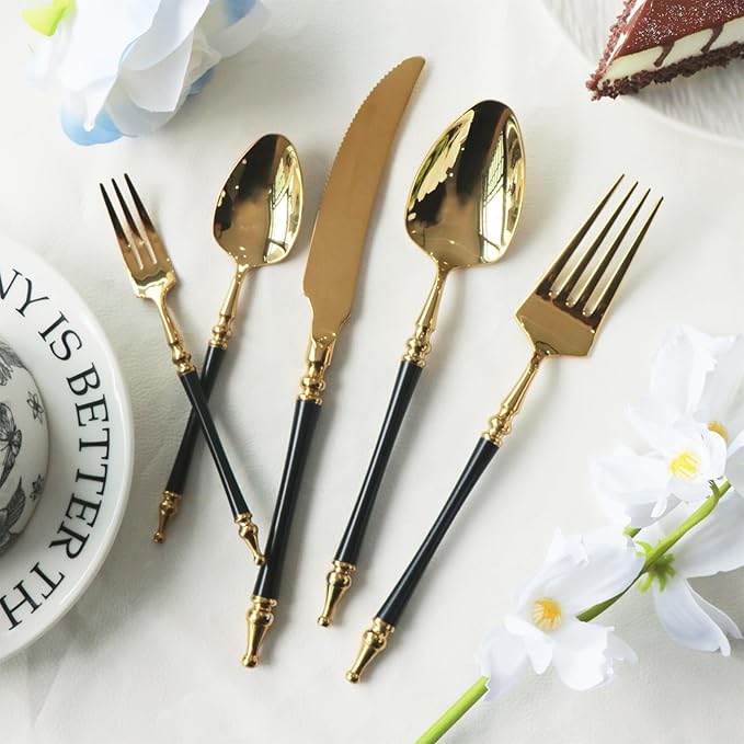 Black Gold Silverware Set for 6 Modern 30 Piece Flatware Cutlery Utensils Set Durable 18/10 Stainless Steel Include Knives Forks and Spoons Tableware Set for Home Kitchen Wedding Mirror Polished