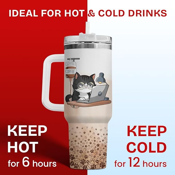 34HD Tuxedo Cat Tumbler 40oz Stainless Steel with Handle and Straw, It's Fine I'm Fine Mug, Funny Cat Travel Mug, Mothers Day Gifts for Tuxedo Mom