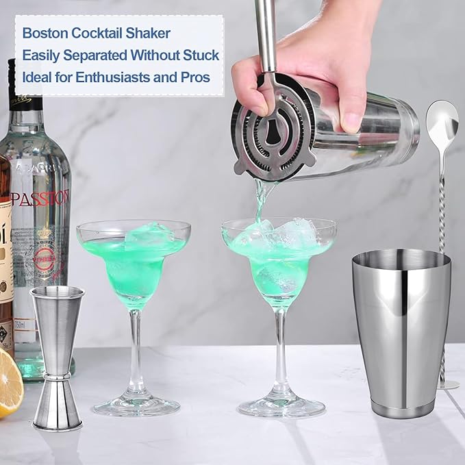 Cocktail Shaker Boston Shaker Set 15 Pcs Professional Bartender Kit Bar Shaker Stainless Steel Drink Shaker Bartending Martini Shaker Tin with 18oz&28oz Mixed Alcohol Shaker Tool for Beginner(Silver)