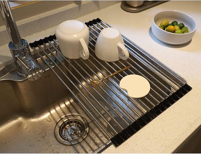 Roll up Dish Drying Rack Over The Sink Portable Stainless Still Rolling Rack Folding Mat for Kitchen Counter (Black, 17.7''LX11.2''W)