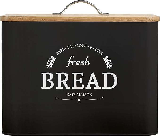 Extra Large Black Farmhouse Bread Box for Kitchen Countertop - Breadbox Holder Fits 2+ Loaves - Bread Storage Container Bin - Rustic Bread Keeper Vintage Metal Kitchen Decor (Black with Wood Lid)