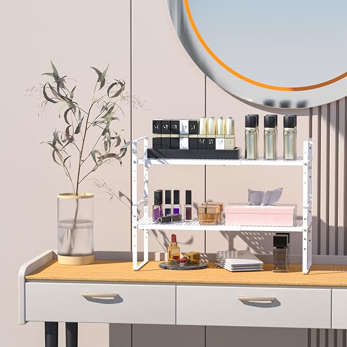 Cabinet Organizer Shelves,Expandable Spice Racks,Stackable Countertop for Organizer Pantry Counter Under Sink,Adjustable Storage Shelf Racks for Kitchen Home Office,White,3 Packs