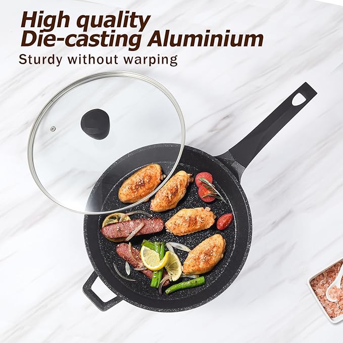 Nonstick Deep Frying Pan Skillet with Lid, 12 Inch Large Skillet, 5 Quarts Saute Pan, Granite Stone Non Stick Cooking Pan, Induction Compatible, PFOA Free