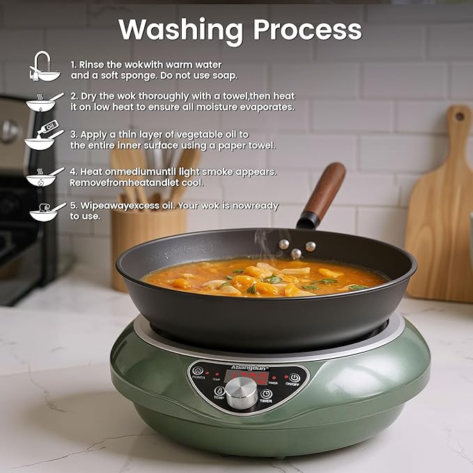 1700W Wok Induction Cooktop with 13.4” Nitride Carbon Steel Wok Round-Bottom & Flat-Pan Compatible, Electric Stir-Fry Wok Set for Home & Restaurant, No-Coating, Even Heating