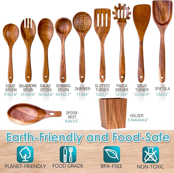 Wooden Spoons for Cooking, 11-Piece Natural Acacia Wood Cooking Utensils Set – Wooden Kitchen Utensils with Holder Spoon Rest, Nonstick Safe Non-Toxic Wooden Cooking Tools by HOWHONG