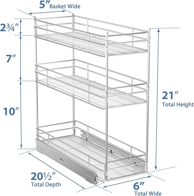 ROOMTEC Pull Out Spice Rack for Narrow Cabinet (6" W X 20½" D),3 Tier Heavy Duty Sliding Spice Cabinet Organization Shelf Racks, Pull Out Shelves Under Cabinet Storage for Kitchen