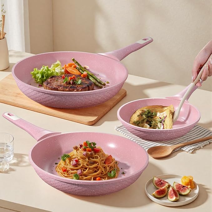10 Inch Non Stick Frying Pans with Lid - 100% PFOA PFAS Free, Super Nonstick, All Stovetop Compatible Induction Gas Electric, Omelette & Egg Pan, Dishwasher Safe, Eco-Friendly Pink Pan