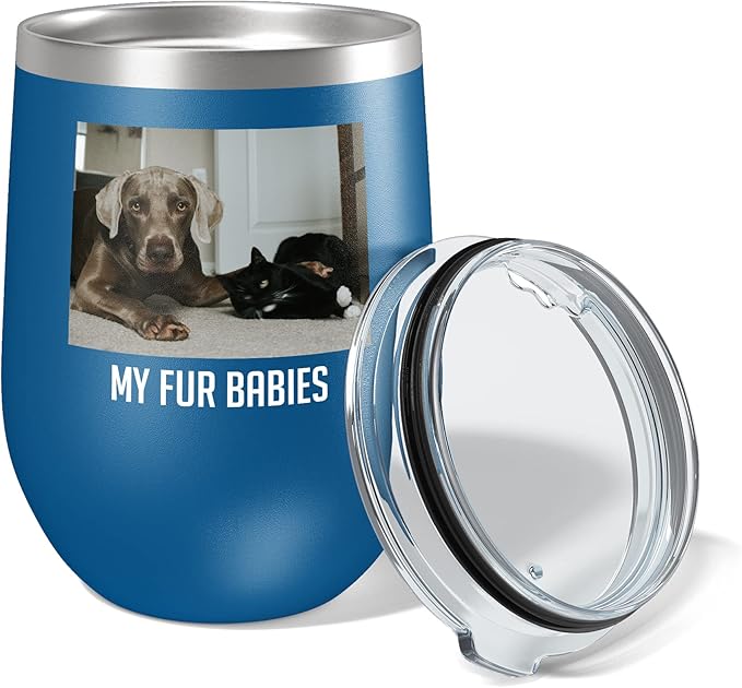 Personalized 12oz (17 Colors) Mother's Day Photo Printed Insulated Stainless Steel Powder Coated Stemless Wine Tumbler with Lid, Customized Gift Idea for Her, Coach Gifts Team Mom Dad (Royal Blue)