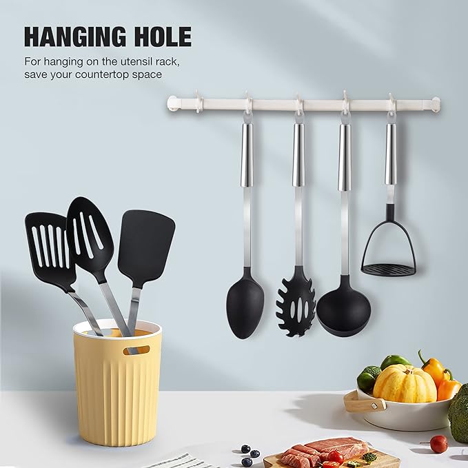 TJ POP Kitchen Utensils Set 7 Pcs, Premium Stainless Steel Heat Resistant Cooking Utensils Sets, Kitchen Gadgets Accessories Tools for Non-stick Cookware (BPA Free)