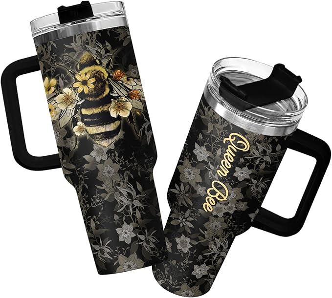 34HD Queen Bee Tumbler with Handle & Straw, 40oz Stainless Steel Vacuum Insulated Coffee Mug, Honey Bee Gifts for Birthday Mothers Day Christmas, Gifts for Women Teachers Mom Daughter Friend