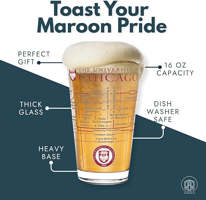 Greenline Goods – University of Chicago Maroons College Pint Beer Glasses (Set of 2), 16 oz – Full-Color Logo + Campus Map
