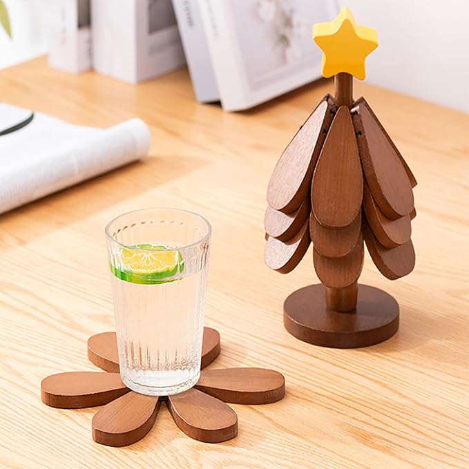Wood Christmas Tree CoastersWooden Trivets for Hot DishesWooden Tree Shape Trivet3 Wooden Trivets+1 Stand (Beech Wood)