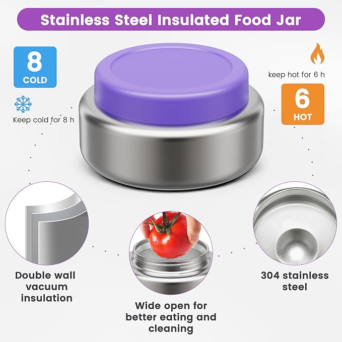 Stainless Steel Bento Box Kids Adult with 7oz Soup Thermo, Transparent Lid 3 Compartments Metal Bento Lunch Box with Insulated Food Jar,Lunch Box Container Sauce Cup for School,BPA-Free(Purple)