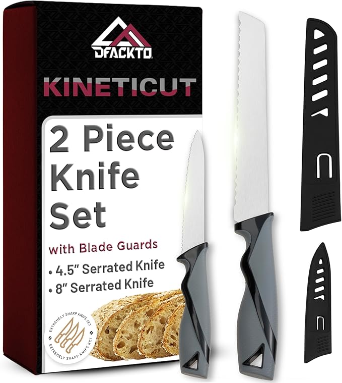 DFACKTO 2-Piece Serrated Knife Set – Stainless Steel Kitchen Cooking Knives w/Protective Covers, Dishwasher Safe, No Block, Sharp Cutlery for Slicing Bread, Cooking Fruit & Steak w/Sheath - Gray