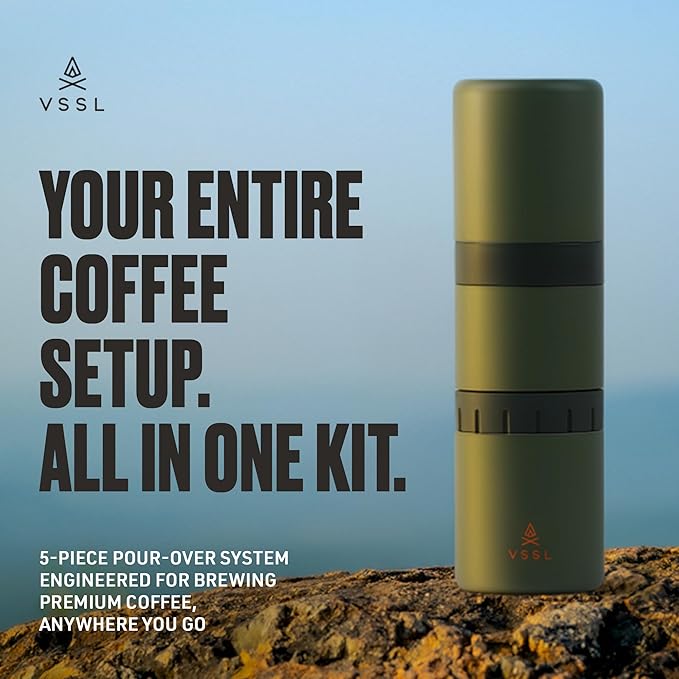 VSSL - Nest Pour Over Coffee Kit | Coffee Maker for Camping | All-In-One Travel Pour Over | Transportable Dripper, Two 10oz Stainless Steel Travel Mugs | Compact Storage & Adventure Ready | Deep Moss