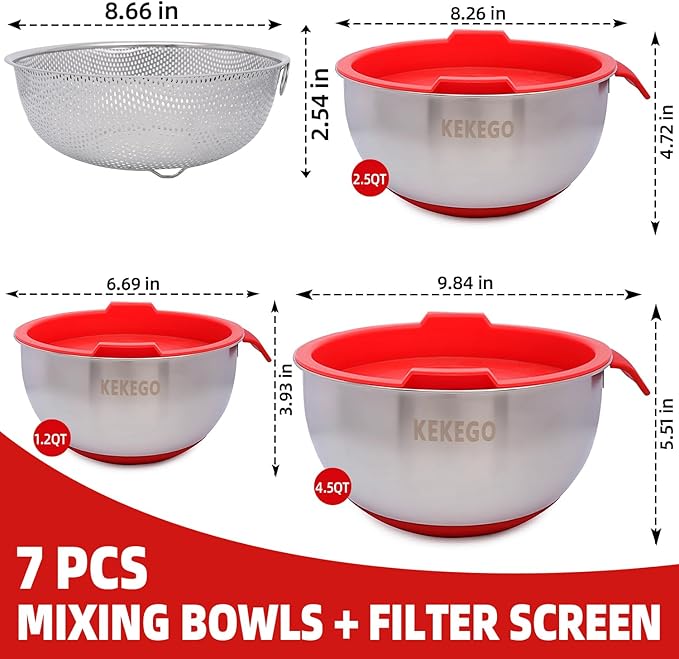 7-Pcs Stainless Steel Mixing Bowls Set with Handles, Nesting Metal Bowls with Lids & Strainer, Base for Baking, Cooking & Meal Prep (1.2/2.5/4.5 QT)