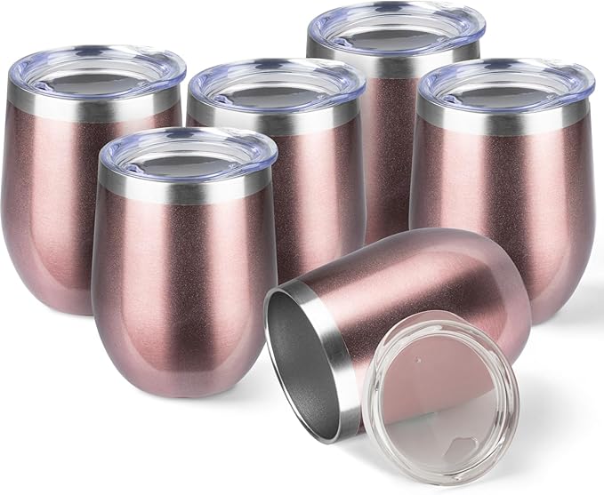 StarSpeed 12oz/6 Pack Wine Tumbler with lid, Stainless Steel Travel Mugs Stemless Double Wall Insulated Coffee Cup, Insulated Wine Glasses Travel Tumbler for Cold & Hot Drinks(Rose Gold, 6)