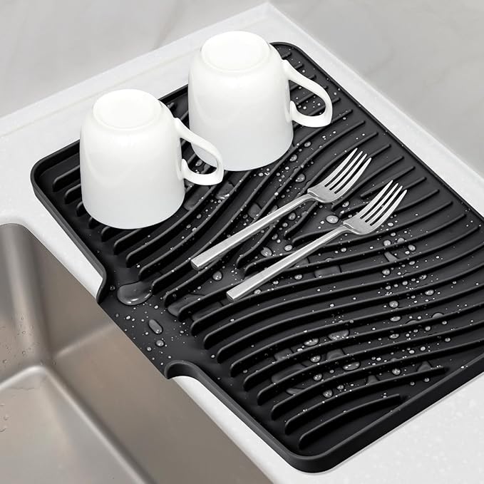 Silicone Dish Drying Mat, Stone Drying Mat for Kitchen Counter with Built-In Drain, Non-Slip Drain Pad with Built-in Drain, Heat Resistant Stone Drying Mat, 1Pcs Black(19.7" x 17")