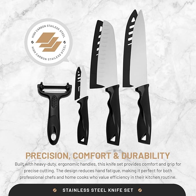 DFACKTO 4-Piece Kitchen Knife Set with Vegetable Peeler without Block – Stainless Steel Knives for Kitchen, Dishwasher Safe Cooking Knife Set with Covers, Sharp Cutting Knives for Cooking – Black