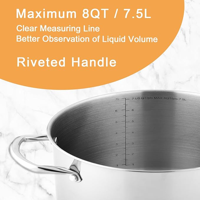 GreatChef Stock Pot Stainless Steel for Cooking Riveted Handle, Heavy Duty Vessel,Induction Compatible All Cooktops in Use, Dishwasher & Oven Safe (8 Quart + Laddle))