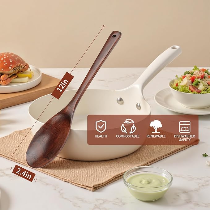 12 Inch Wooden Cooking Spoons, Extra Long Handle Wooden Spoon, Large Wood Spoon for Cooking Serving Mixing Kitchen Utensil (2 PCS)