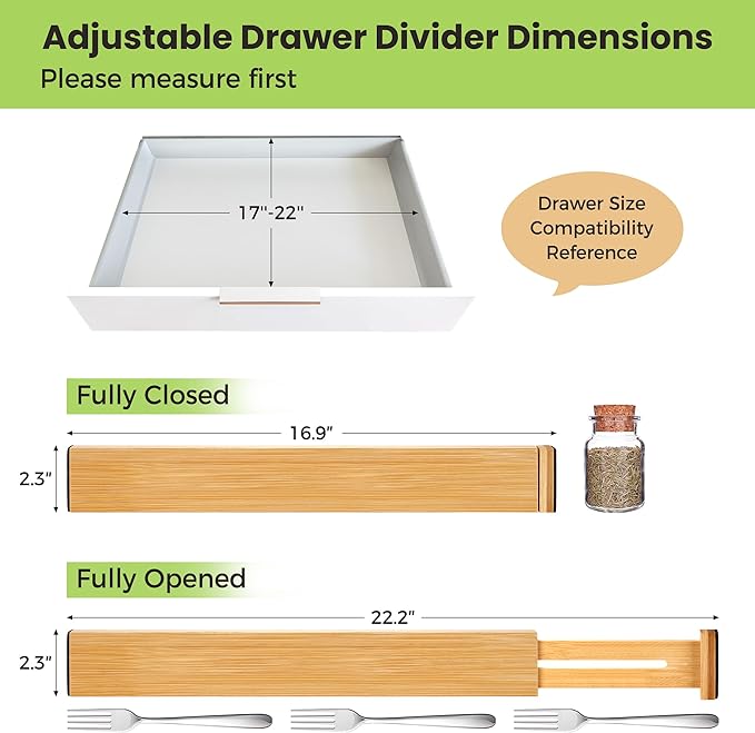 Drawer Divider, Adjustable Bamboo Kitchen Drawer Organizer, Spring Loaded Drawer Organizer, Dresser Separators for Kitchen, Bathroom, Clothes, Office Desk Storage (Natural, 4 Pack Large)