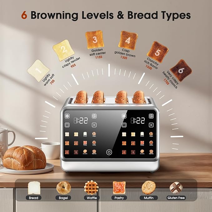 Smart Toaster 4 Slice Wide Slot– Dual Digital TouchScreen & Independent Control for Family | 1800W Stainless Steel for 6 Bread Types & Toast Settings | Defrost Reheat & Single-Slice Modes