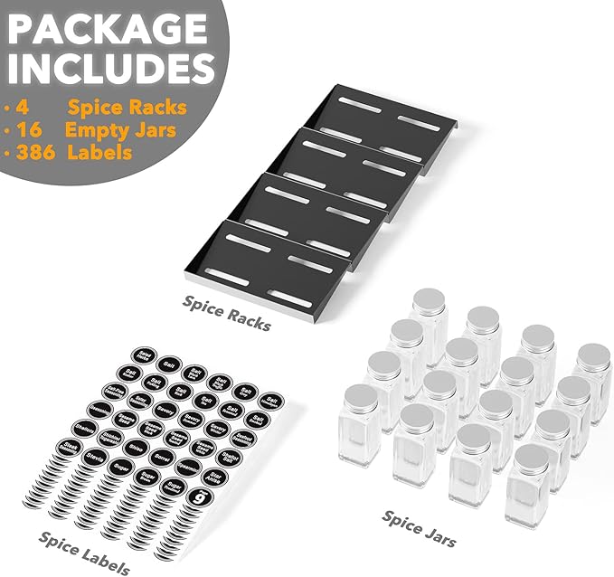 SpaceAid Spice Drawer Organizer with 16 Spice Jars, 386 Spice Labels, 4 Tier Seasoning Rack Tray Insert for Kitchen Drawers, 7.5" Wide x 17.5" Deep