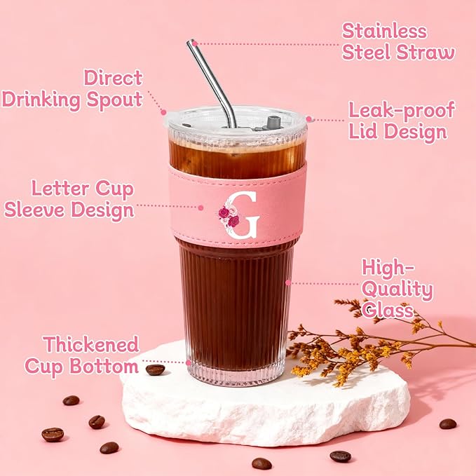 Personalized Gifts for Women,20oz Ribbed Glass Tumbler,Monogrammed Gifts for Women,Birthday Gift,Ice Coffee Mug,Christmas Gift for Mom Sister-G