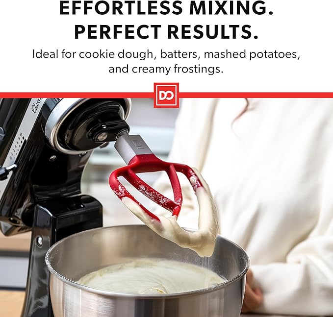 DI ORO Seamless Series Flex Edge Beater for KitchenAid Tilt-Head Stand Mixer - 4.5-5 Quart Flat Beater Paddle - Flexible Silicone Edges for Scraping and Mixing Bowls - Dishwasher Safe & BPA Free (Red)