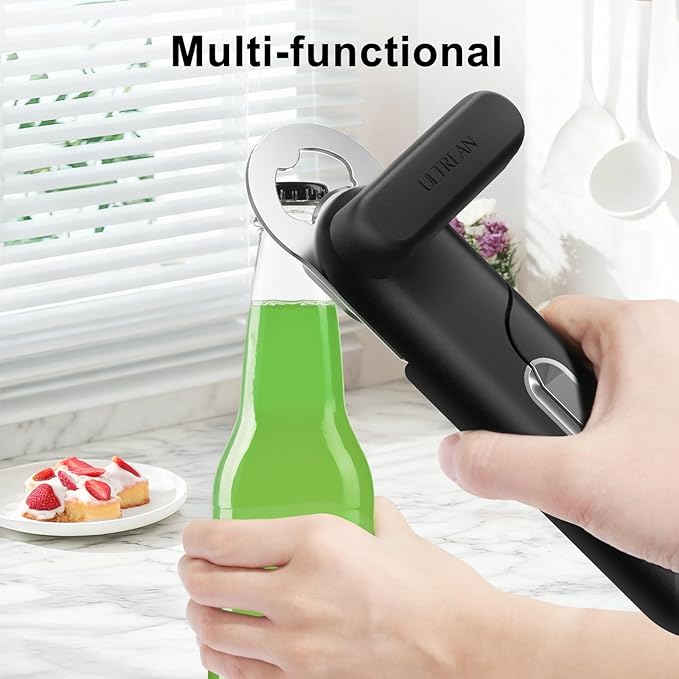 Ultrean Manual Bottle Opener Can Opener, Heavy-Duty Stainless Steel Manual Handheld Can Opener with Smooth Edge, Ergonomic Thick Handle, Rust Proof, Oversized Easy Turn Knob-Black