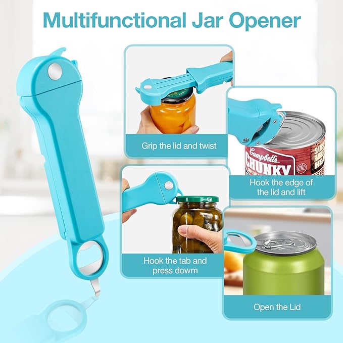 Jar Opener Bottle Opener and Lid Opener for Seniors with Arthritis, Weak Hands, Multi 7 in 1 Retractable Magnetic Can Opener, Original Kitchen Wine Opener Gadgets (Cyan)