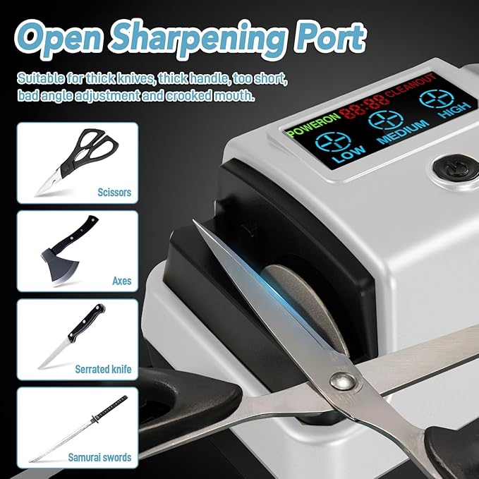 Electric Knife Sharpener 5-in-1 Kitchen Knives Sharpeners with 100% Diamond Abrasives, 3-Speed Variable with LCD Screen for Serrated Lawn Blades Edges, Scissors & Axe, Silvery
