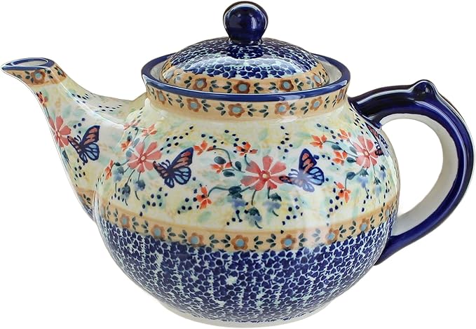 Blue Rose Polish Pottery - Yellow Blue Butterfly Teapot - 5 Cup Capacity - Hand-Painted Polish Pottery Ceramic Coffee & Tea Server