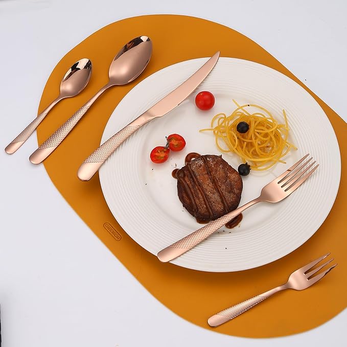 Hammered Flatware Set Copper/Rose Gold Silverware 20 Piece Stainless Steel Service for 4 Forks Knives Spoons Heavy Thickened Handle Elegant Modern Design Kitchen Use Festival Parties…