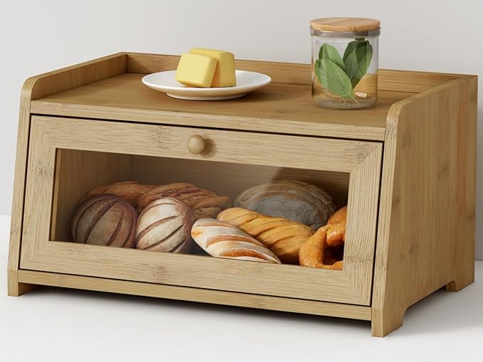 Wood Bread Box for Kithcen Countertop, Rustic Breadox Storage Container for Homemade Bread, Small Bread Keeper Holder Organizer with Window (Natural Bamboo)