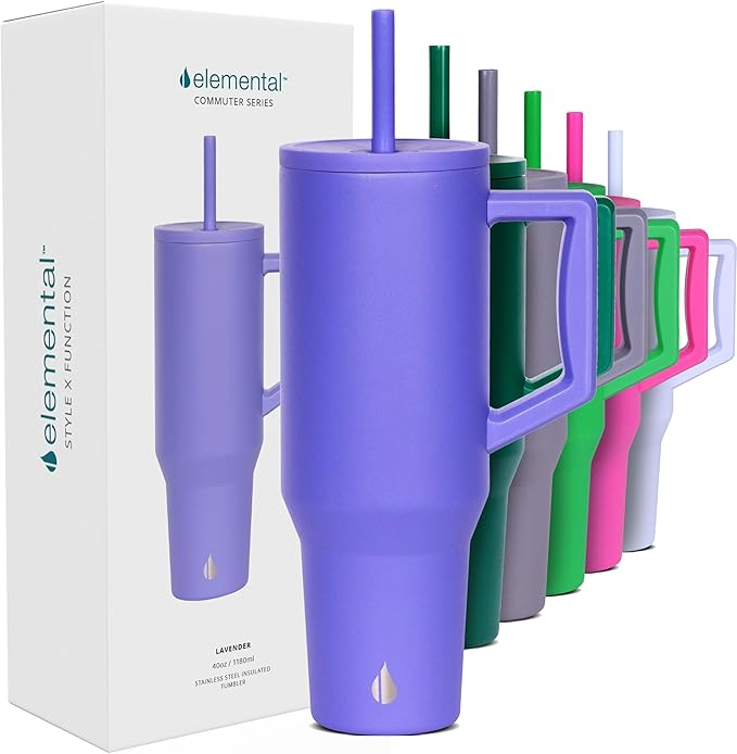 Elemental 40 oz Tumbler with Handle and Straw - Spill Proof Insulated Stainless Steel Commuter for Hot and Cold Beverages - Travel Coffee Mug with 2 Straws & Spill Proof Lid - 40oz - Lavender