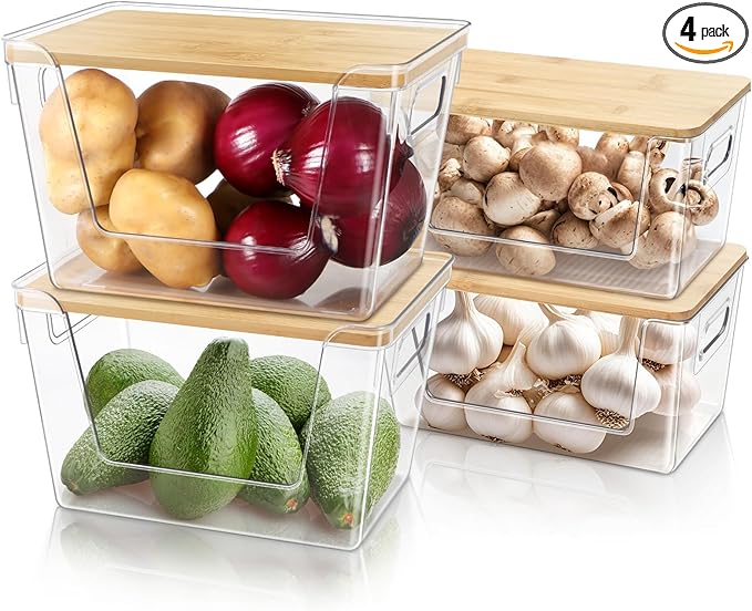 Pantry Organizers and Storage, Stackable Plastic Pantry Organizer with Lid & Handle for Kitchen Counter, Fridge for Fruit, Potato, Onion, Vegetable, 4 Set (Clear- 2 Large Bin & 2 Medium Bin)
