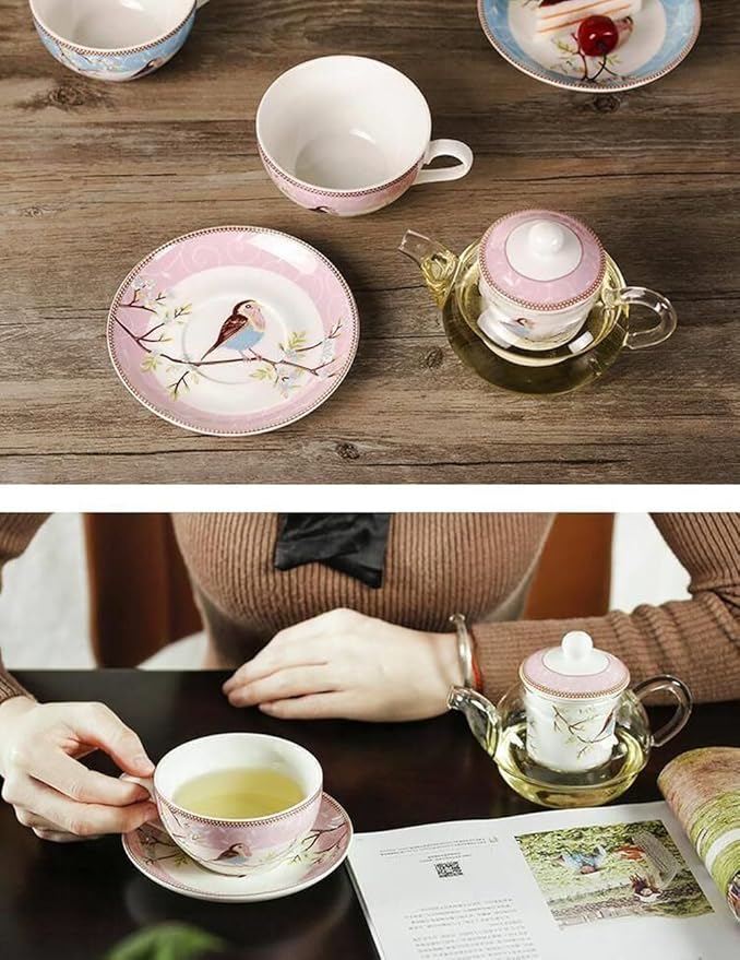 Tea for One Set, Glass Teapot with Porcelain Infuser Strainer and Cup & Saucer- Happy Bird Pattern (Pink)