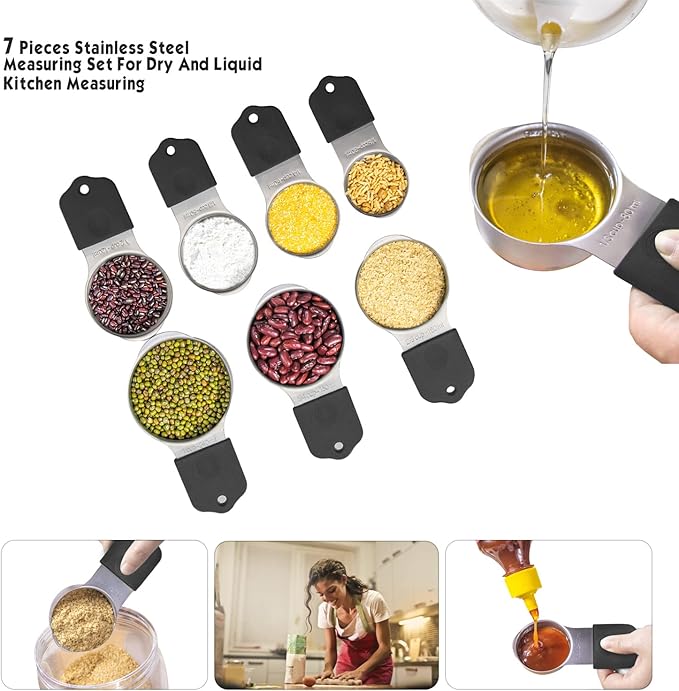 Magnetic Measuring Cups Set, 7 Pieces 18/8 Stainless Steel Stackable Nesting Heavy Duty Metal Measure Cups, Silicone Handle kitchen Tools for Dry and Liquid Ingredients, Dishwasher Safe (Black）