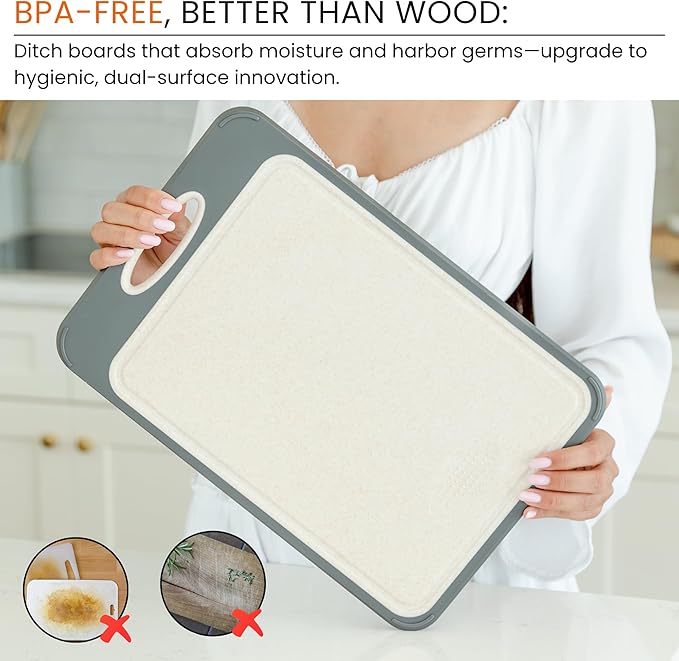 PurpleDove Double-Sided Cutting Board with 304 Stainless Steel & Wheat Straw | Scratch-Proof Chopping Board, Non-Porous | Odor-Resistant Butcher Board | Dishwasher-Safe Kitchen Board