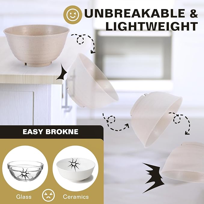 34 Oz Large Cereal Bowls, Unbreakable Lightweight Plastic Soup Wheat Straw Bowls Set of 8 Reusable, Microwave Dishwasher Safe BPA-Free for Snack Salad Kitchen Camping, Beige