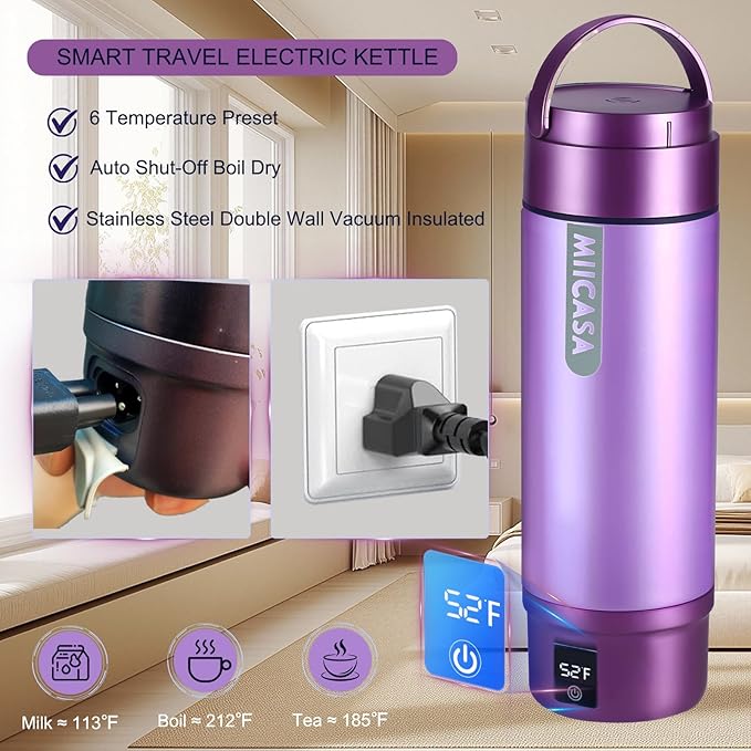 Vacuum-Insulated Portable Electric Kettle,Miicasa Stainless Steel Tumbler Small Electric Kettel,Travel Water Boiler with 6 Temperature and Auto Shut-Off Boil Dry,16oz