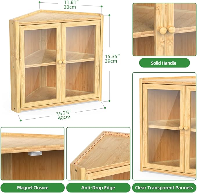 BAMBANG Corner Bread Box for Kitchen Countertop, Double Layer Bamboo Bread Storage Container with 2 Doors, Farmhouse Large Bread Bin, Wooden Breadbox Holder for Homemade Bread, Natural