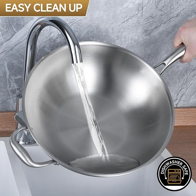 LOLYKITCH Tri-Ply 13 Inch Stainless Steel Wok Pan with Lid, Stir-Frying Pan,Induction Cooking Pan,Dishwasher and Oven Safe,Heavy Duty and Detachable handle.