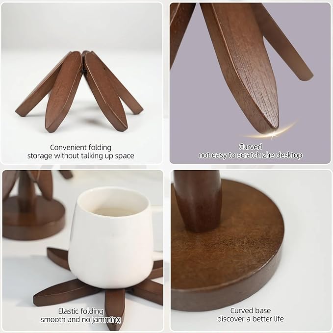 Artisanal Wooden Coasters Trivets Set – Foldable Wooden Tree Trivet with 4 Coasters & Stand – Heat Resistant Hot Plate Holder & Kitchen Accessories for Dining Table