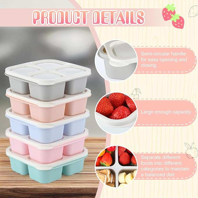 Honeydak 5 Pack Snack Containers 4 Compartment Bento Snack Boxes Reusable Lunchable Containers with Lids Divided Meal Prep Lunch Food Storage Box for School Work Travel(Macaroon,Equal)